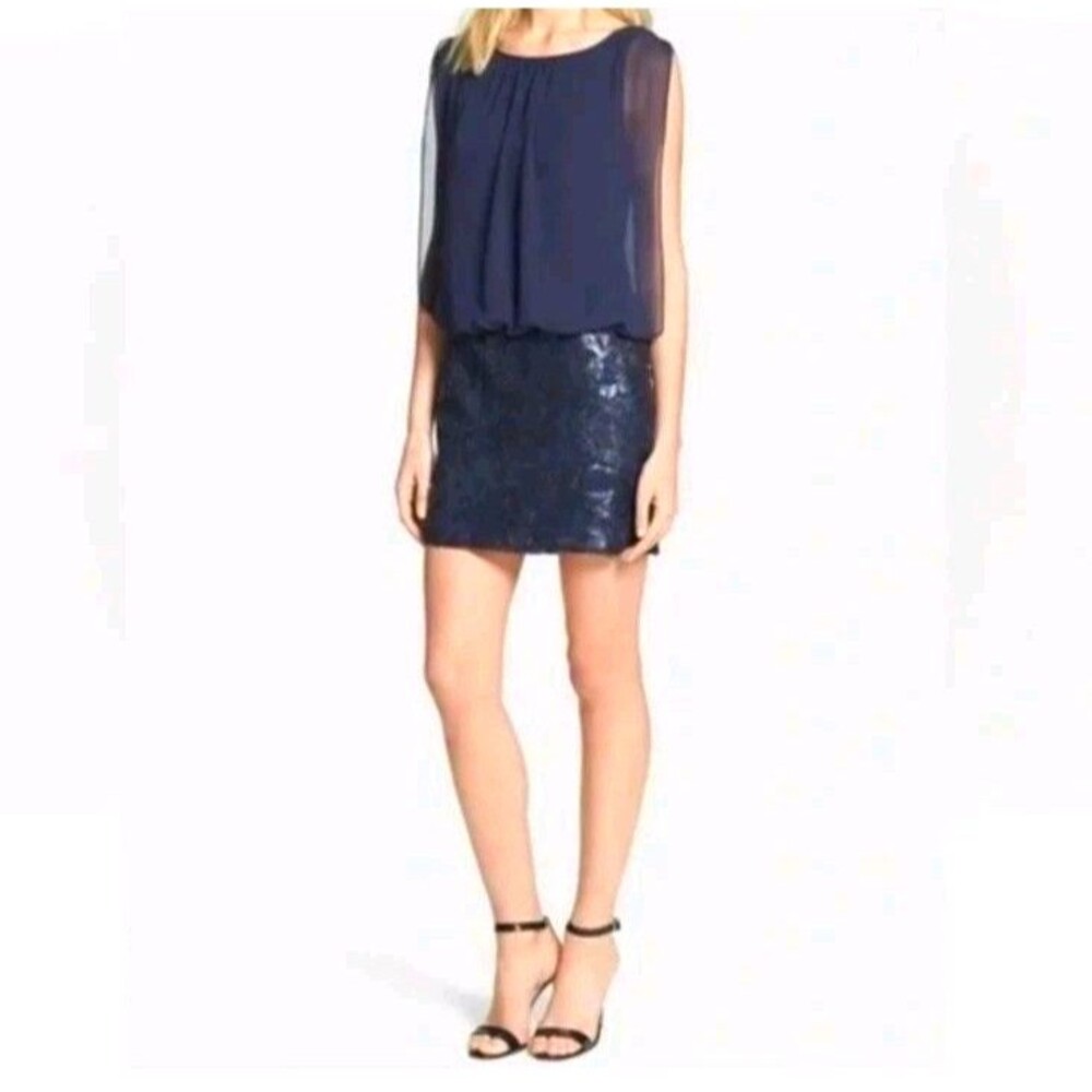 Aidan Mattox Dress Blue Chiffon Blouson Sheath Mini With Sequin Skirt Size 10 US